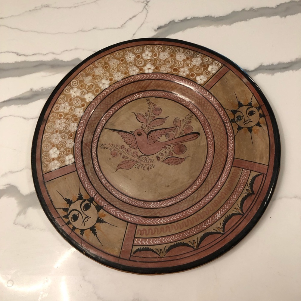 Hand Crafted VT Mexican Tonala Pottery Signed Plate in Terracotta 13" Bird Motif